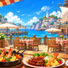海を眺めながら食事を楽しめる、船上レストランのイラスト