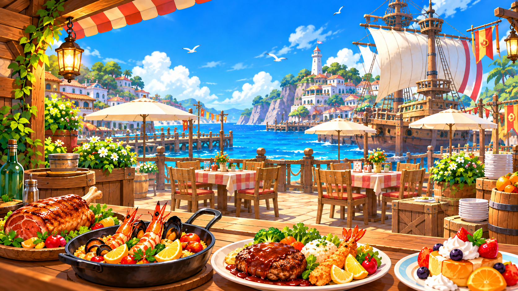 海を眺めながら食事を楽しめる、船上レストランのイラスト