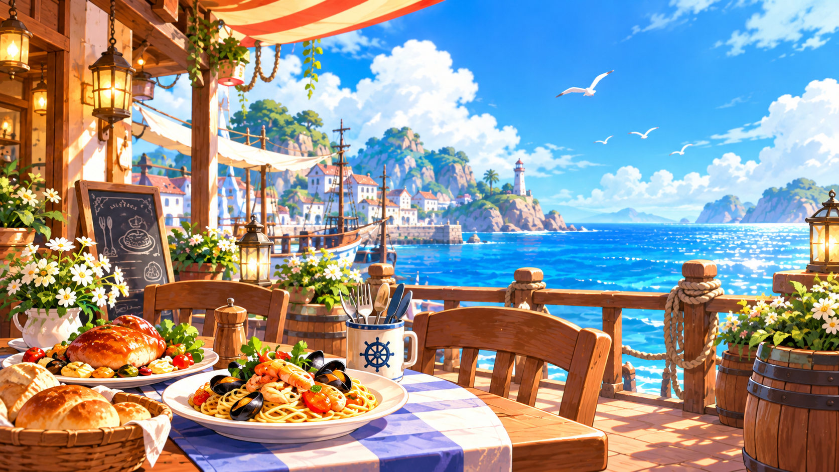 海を眺めながら料理を楽しめるレストランのイメージ